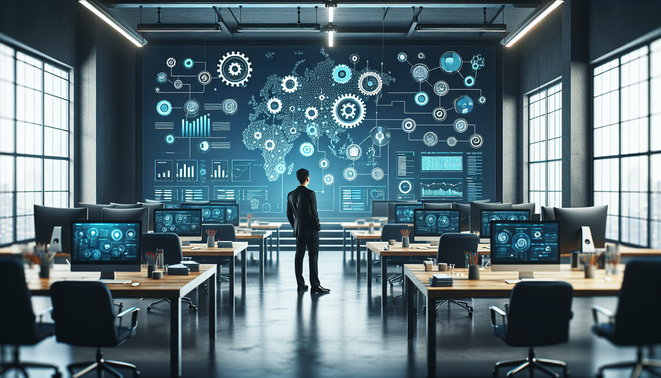 Modern illustration of marketing agency workflow automation with organized digital systems and professional workspace